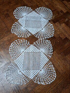 Matching Pair Vintage Handmade Crocheted Square-ish, Doily, Ivory, 8",